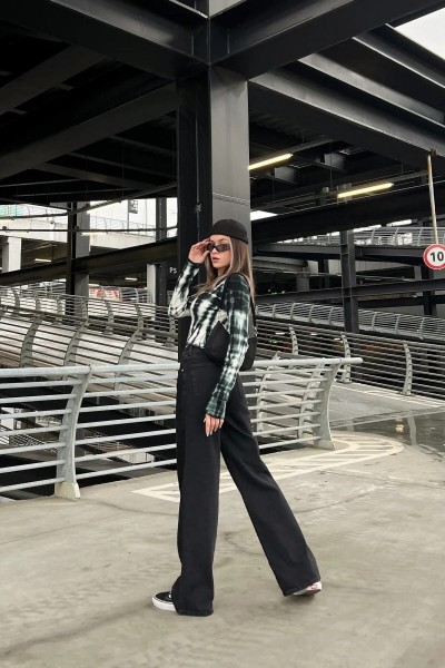 Coin Siyah Likralı Kadın Süper Yüksek Bel Salaş Paça Denim Kot Salaş Pantolon