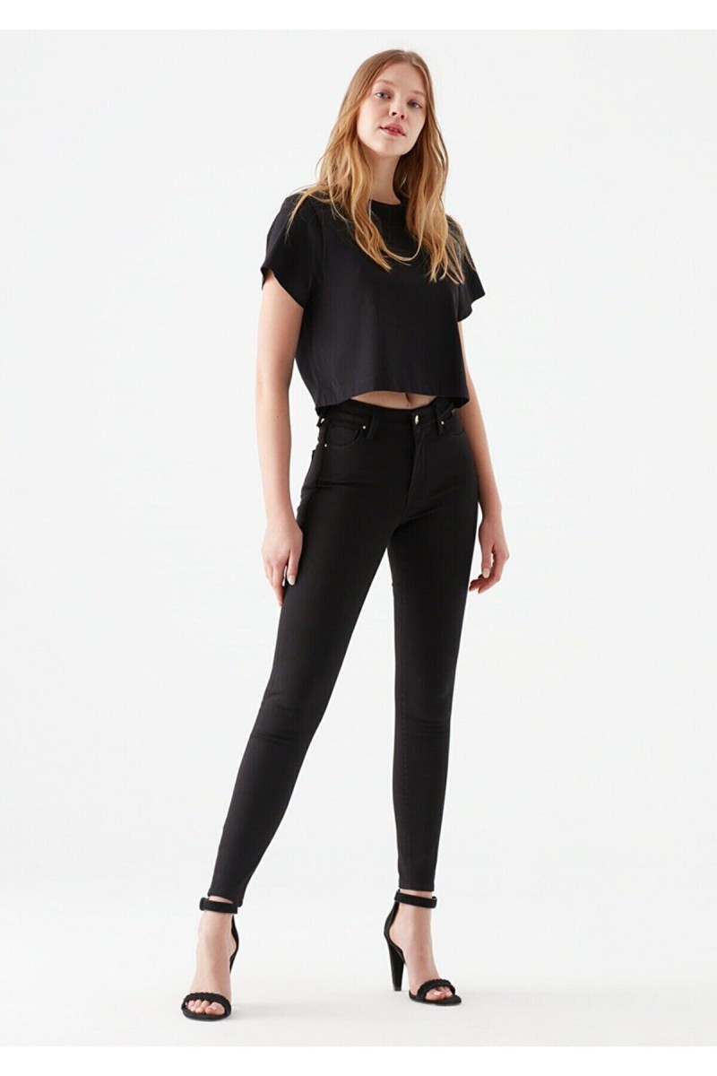 Likralı Dar Paça Skinny Siyah Kadın Bilek Boy Yüksel Bel Kot Pantalon