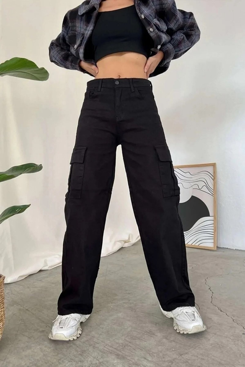 SWAT Siyah Kargo Salaş Arka Cepsiz Likralı Süper Yüksek Bel Jean Pantolon