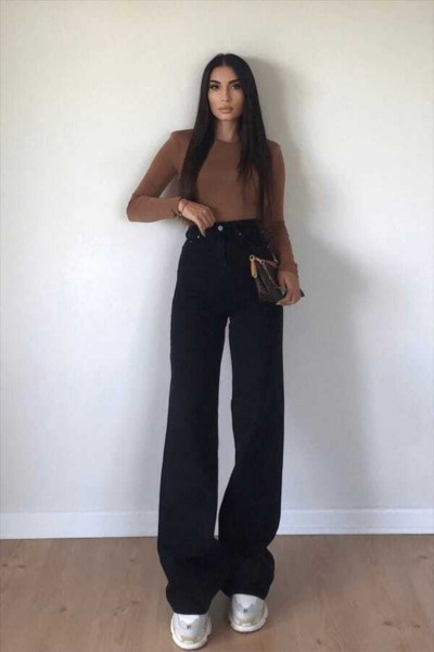 Ciara 90's Siyah Power Likralı Süper Yüksek Bel Salaş Jean Palazzo Pantolon Wide Leg.