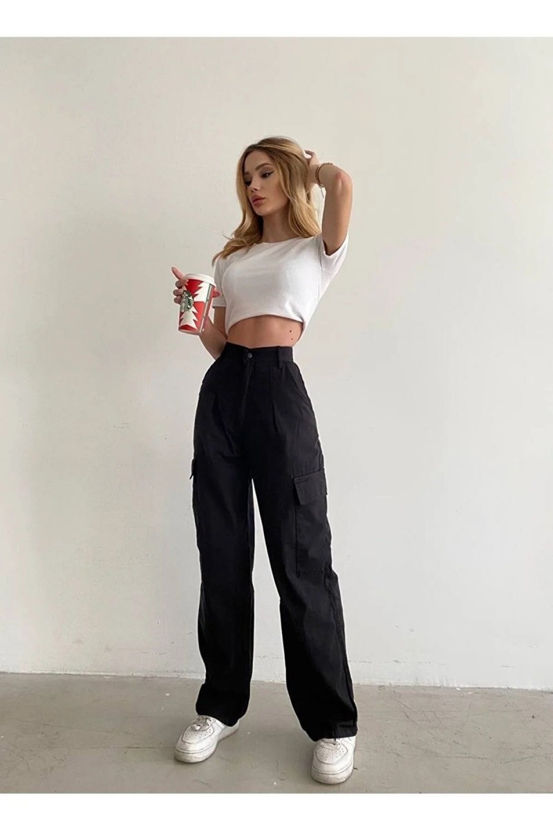 Rocco Solmaz Likralı Kadın Siyah Süper Yüksek Bel Arka Cepsiz Model Kargo Jeans