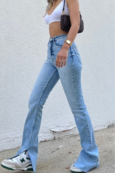 Kar Yıkama Içten Yırtmaçlı Likralı Kadın Süper Yüksek Bel Salaş Paça Denim Kot Palazzo Pantolon