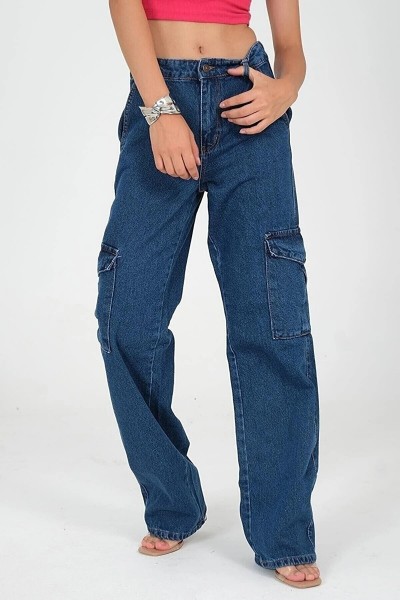 Almira Arka Cepsiz Koyu Mavi Kargo Salaş Likralı Süper Yüksek Bel Jean Pantolon