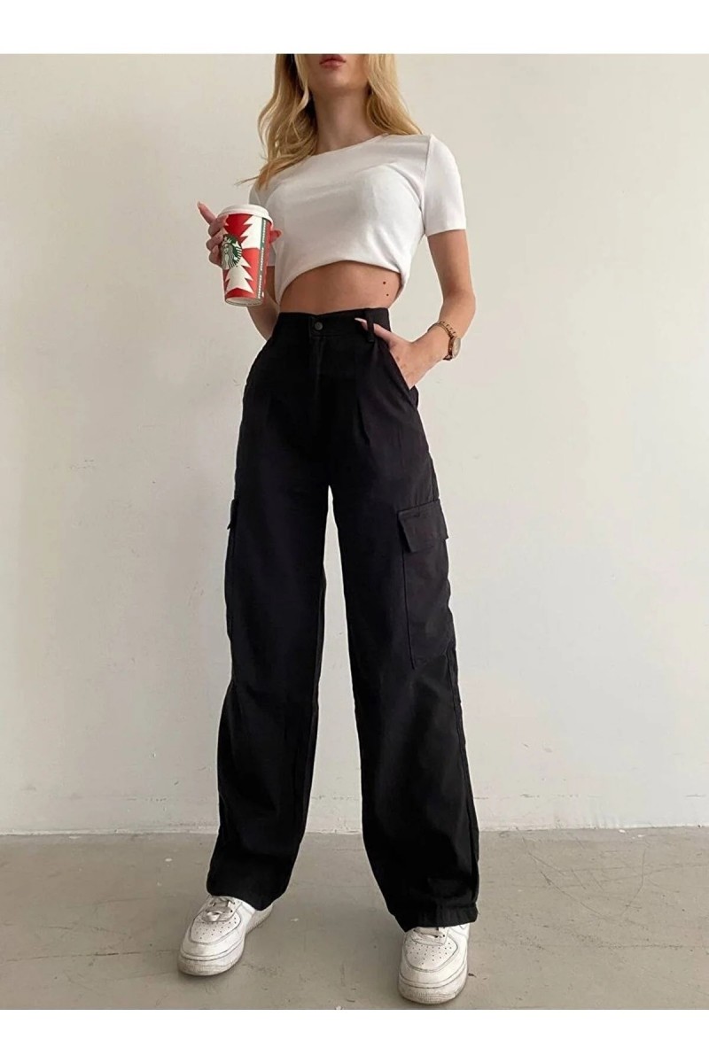 Rocco Solmaz Likralı Kadın Siyah Süper Yüksek Bel Arka Cepsiz Model Kargo Jeans