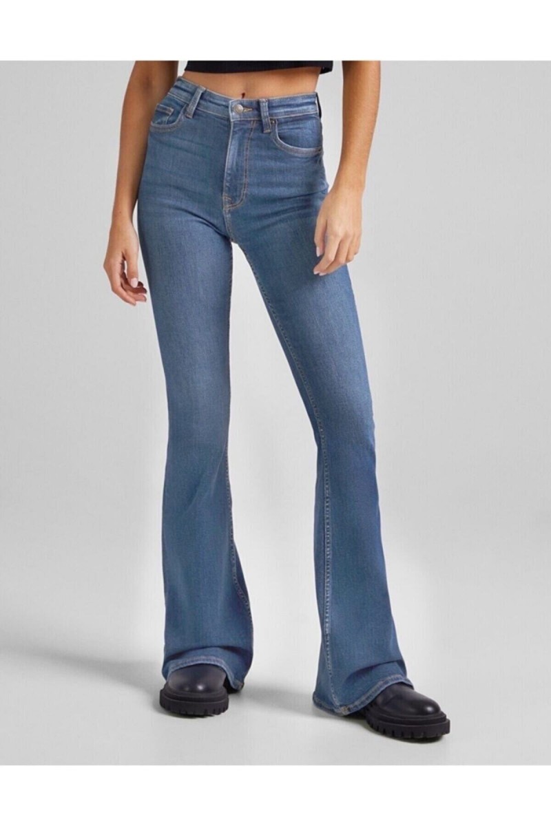 Cocu Orta Mavi Ispanyol Paça Kot Pantolon Yüksek Bel Ispanyol Jeans Toparlayıcı