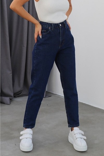 Ess Gold Solmayan Koyu Mavi Yüksek Bel Mom Jean Kadın Pantolon