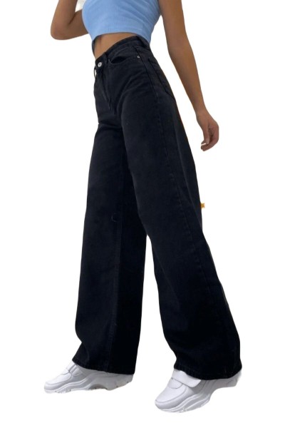 Siyah Wide Leg Etkili Fermuarlı Süper Yüksek Bel Jeans Salaş Kot Pantolon ( Solmaz Kumaş)
