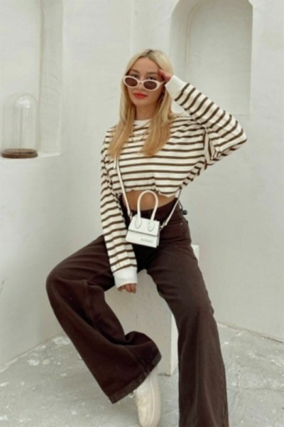 My Kahverengi Likralı Süper Yüksek Bel Salaş Jeans Palazzo Pantolon. (SÜPER YÜKSEK) Wide Leg