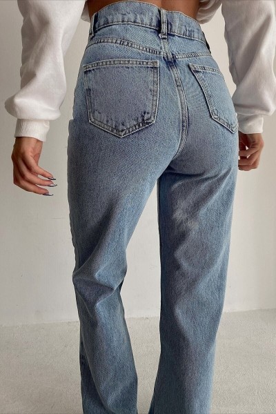 Yüksek Bel Yırtıklı Jean Mavi