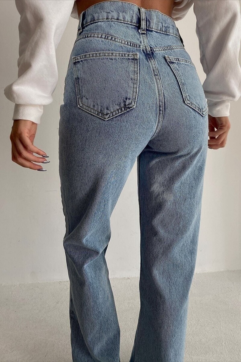 Yüksek Bel Yırtıklı Jean Mavi