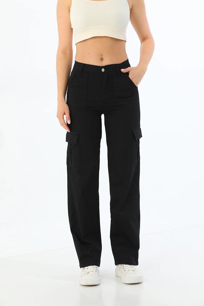 Natalina Kadın Siyah Süper Yüksek Bel Solmaz Likralı Arka Cepsiz Model Kargo Jeans