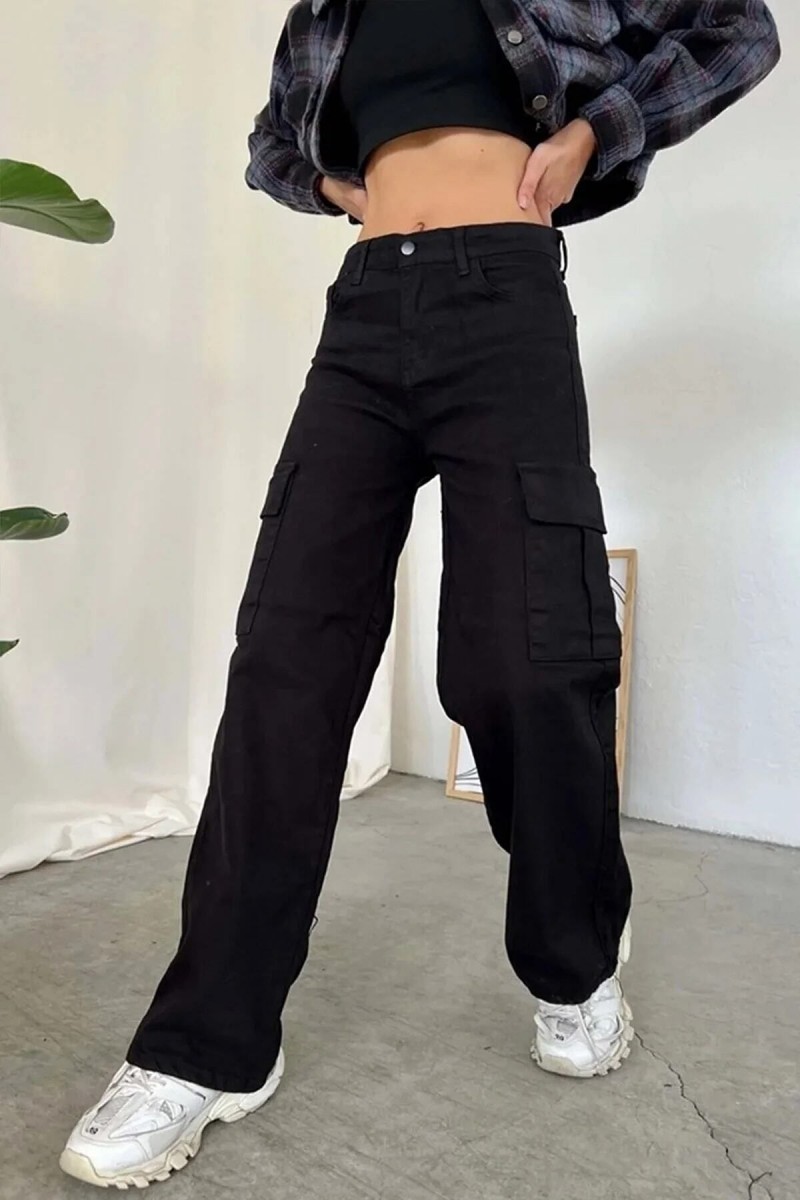 Catherine Siyah Kargo Salaş Arka Cepsiz Likralı Süper Yüksek Bel Jean Pantolon