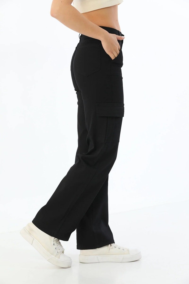 Natalina Kadın Siyah Süper Yüksek Bel Solmaz Likralı Arka Cepsiz Model Kargo Jeans