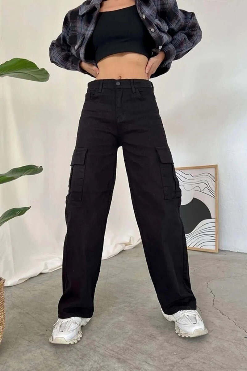 Catherine Siyah Kargo Salaş Arka Cepsiz Likralı Süper Yüksek Bel Jean Pantolon