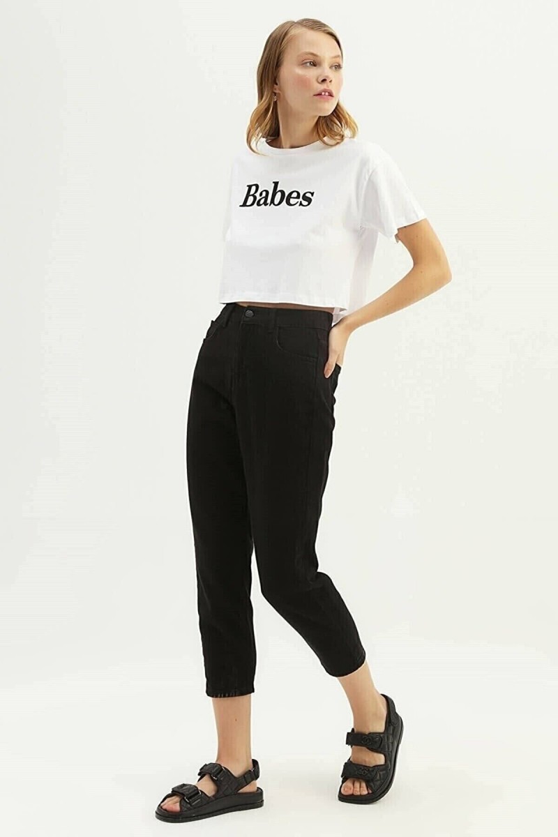 Kadın Siyah Yüksek Bel Likralı Mom Jeans