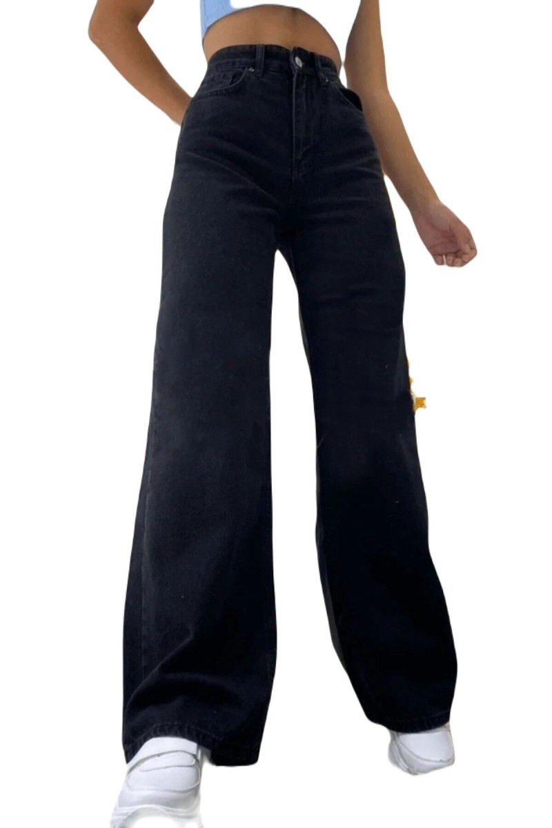 Siyah Wide Leg Etkili Fermuarlı Süper Yüksek Bel Jeans Salaş Kot Pantolon ( Solmaz Kumaş)