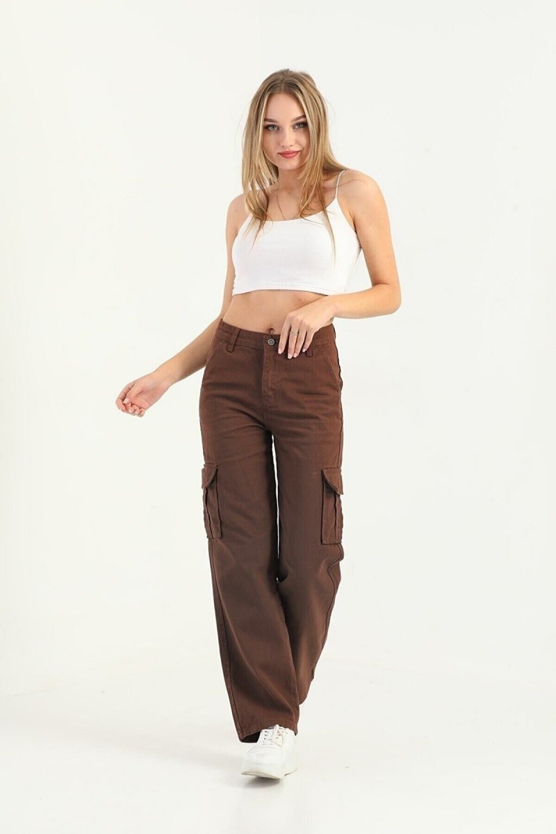 Kahverengi Kargo Salaş Arka Cepsiz Likralı Süper Yüksek Bel Jean Pantolon