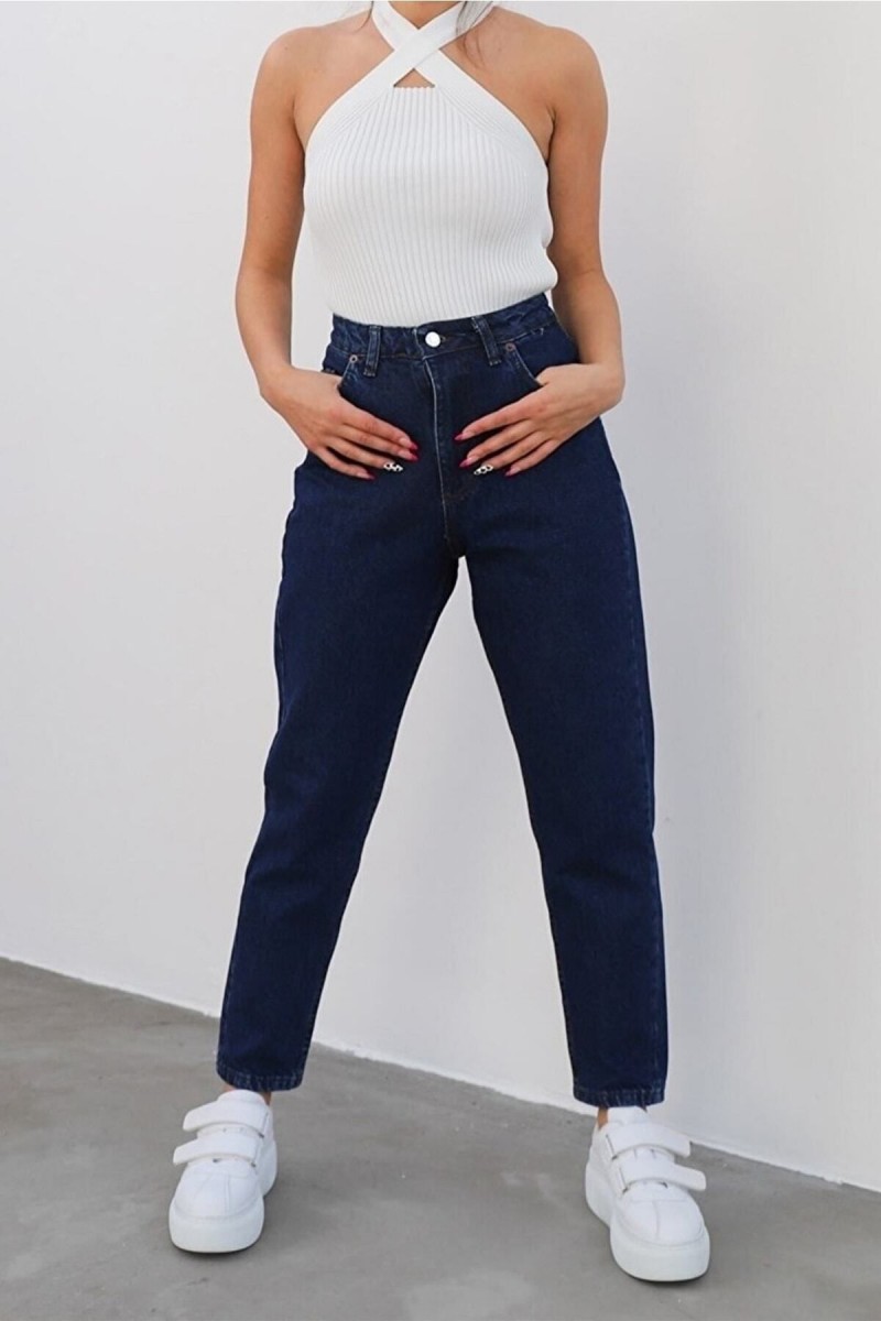 Ess Gold Solmayan Koyu Mavi Yüksek Bel Mom Jean Kadın Pantolon