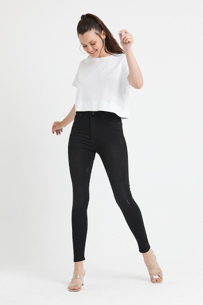 Montpellier Kadın Siyah Tırnaklı Yüksel Bel Bilek Boy Dar Paça Skinny Likralı Kot Pantalon