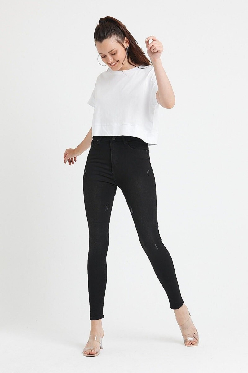 Montpellier Kadın Siyah Tırnaklı Yüksel Bel Bilek Boy Dar Paça Skinny Likralı Kot Pantalon