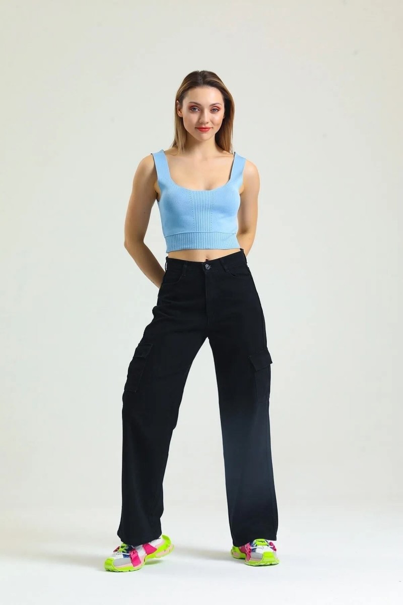 Siyah Kargo Salaş Arka Cepsiz Likralı Süper Yüksek Bel Kadın Jean Pantolon