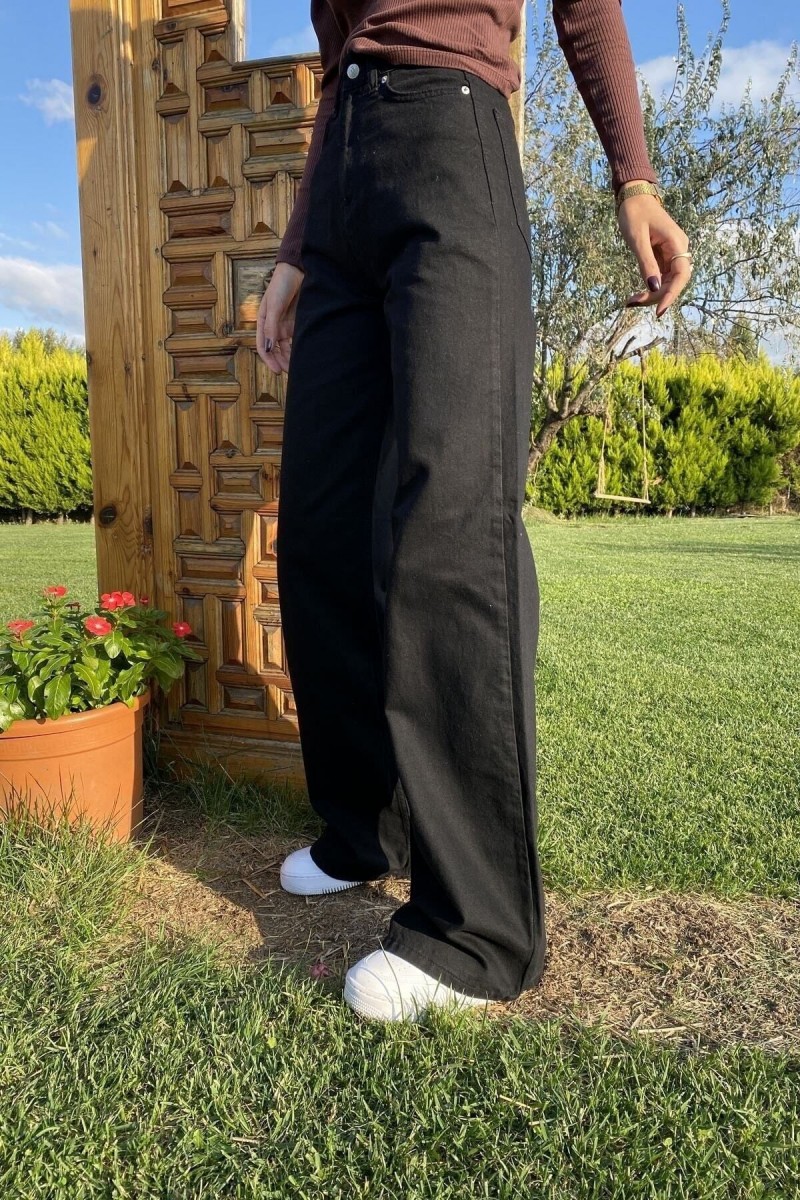 Wooden Likralı Kadın Siyah Süper Yüksek Bel Salaş Paça Salaş Denim Kot Palazzo Salaş