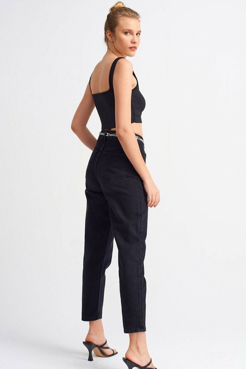 Siyah Mom Jeans Yumuşak Likralı Yüksek Bel Kot Pantolon