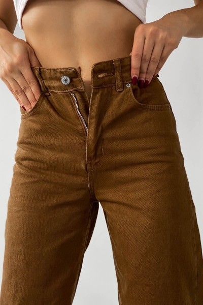 Cesy Likralı Kadın Kahverengi Süper Yüksek Bel Salaş Paça Denim Kot Salaş Pantolon