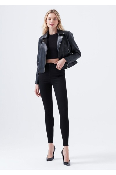 Extra Siyah Yüksek Bel Skinny Jeans Solmayan Kumaş