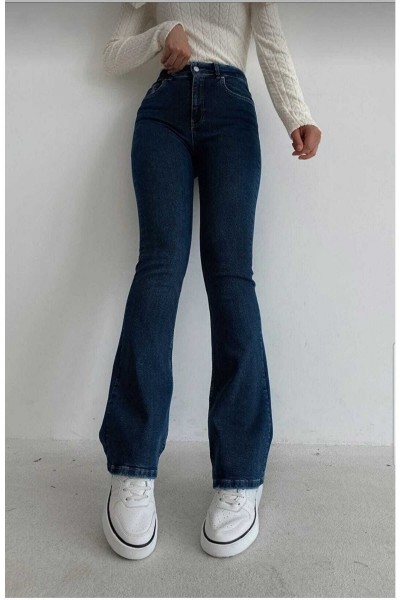 Ispanyol Paça Jeans Solmaz Koyu Mavi Ispanyol Jeans Yüksek Bel Kot Pantolon