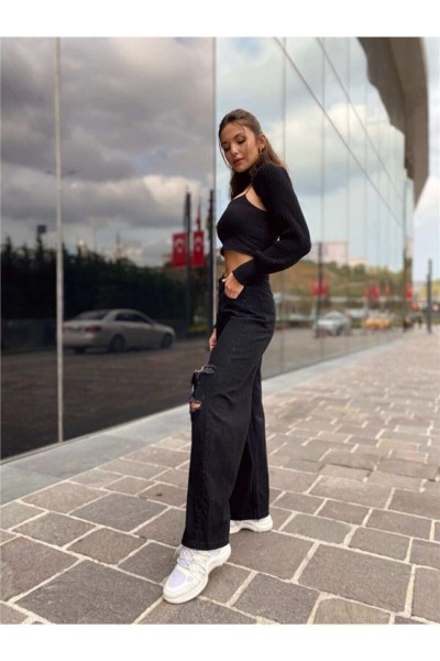 Layza 90's Siyah Yırtık Likralı Süper Yüksek Bel Salaş Jean Pantolon. (SÜPER YÜKSEK.) Wide Leg.
