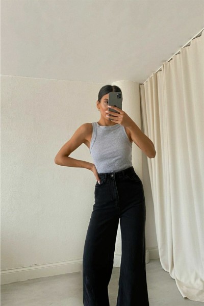 Lizovl 90's Siyah Kar Likralı Süper Yüksek Bel Salaş Jean Pantolon. (SÜPER YÜKSEK.) Wide Leg.