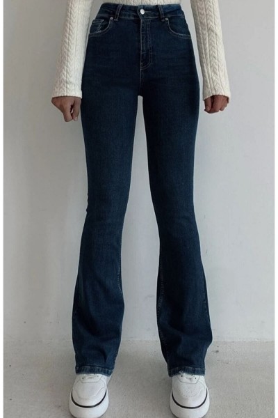 Ispanyol Paça Jeans Solmaz Koyu Mavi Ispanyol Jeans Yüksek Bel Kot Pantolon