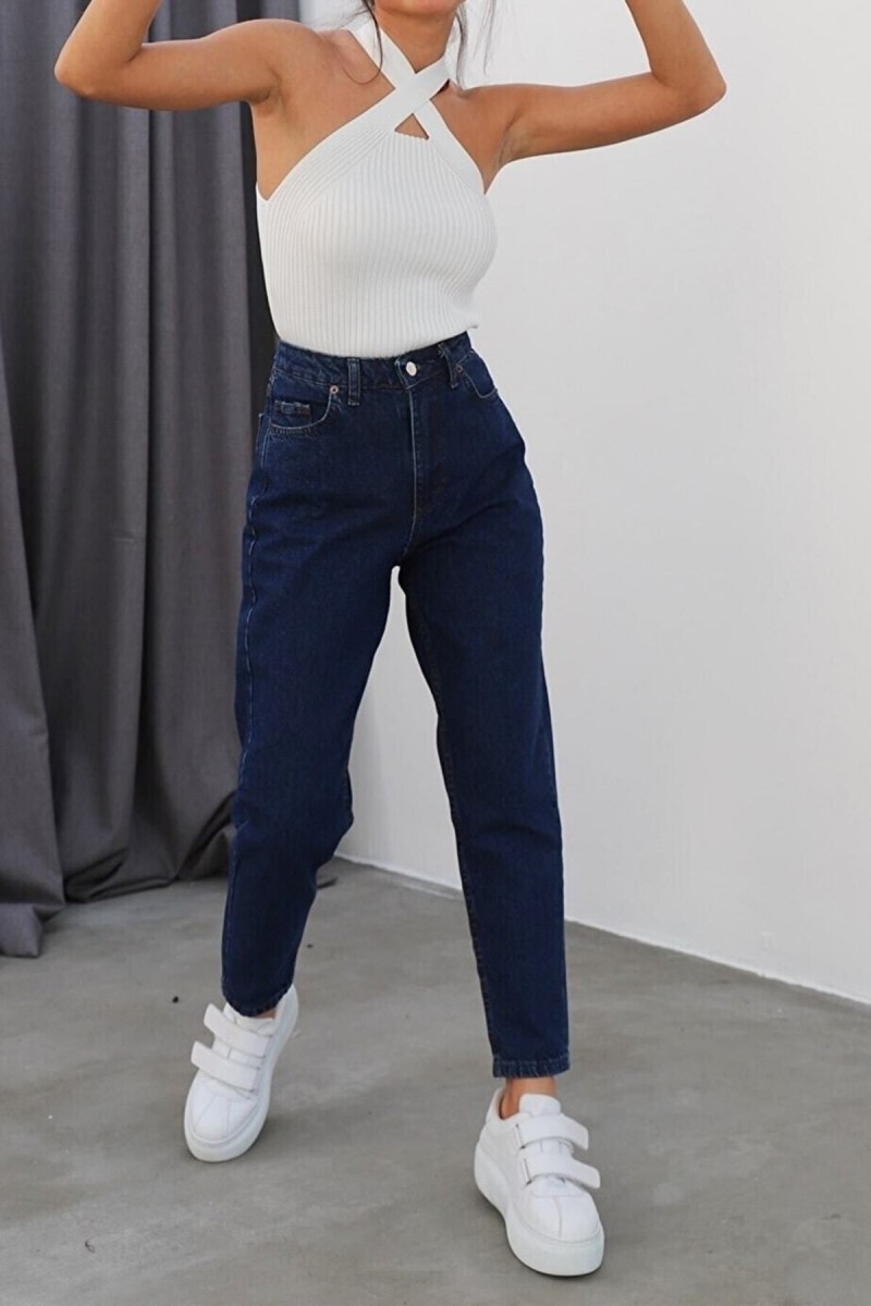 Ess Gold Solmayan Koyu Mavi Yüksek Bel Mom Jean Kadın Pantolon