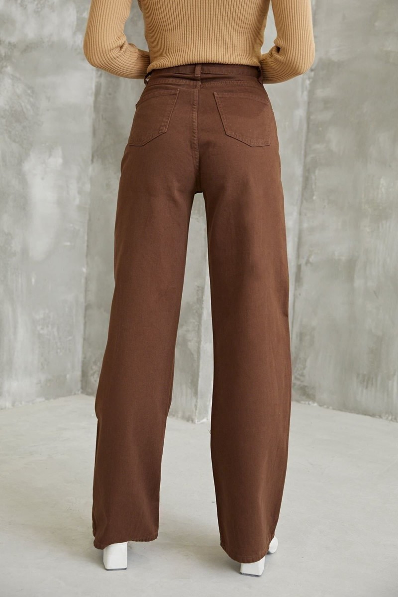 Aliss Kahverengi Power Likralı Kadın Yüksek Bel Salaş Paça Salaş Jans Kot Pantolon