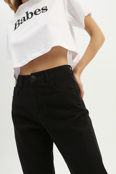 Kadın Siyah Yüksek Bel Likralı Mom Jeans