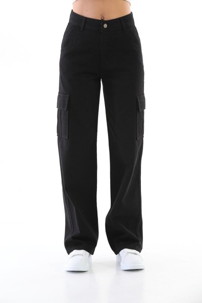 Eylül Siyah Kargo Salaş Arka Cepsiz Likralı Süper Yüksek Bel Jean Pantolon