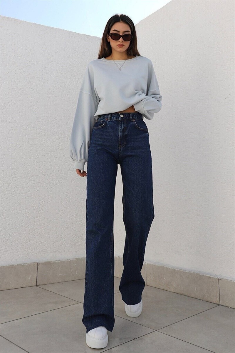 Camelia Likralı Lacivert Süper Yüksek Bel Likralı Salaş Paça Denim Kot Pantolon