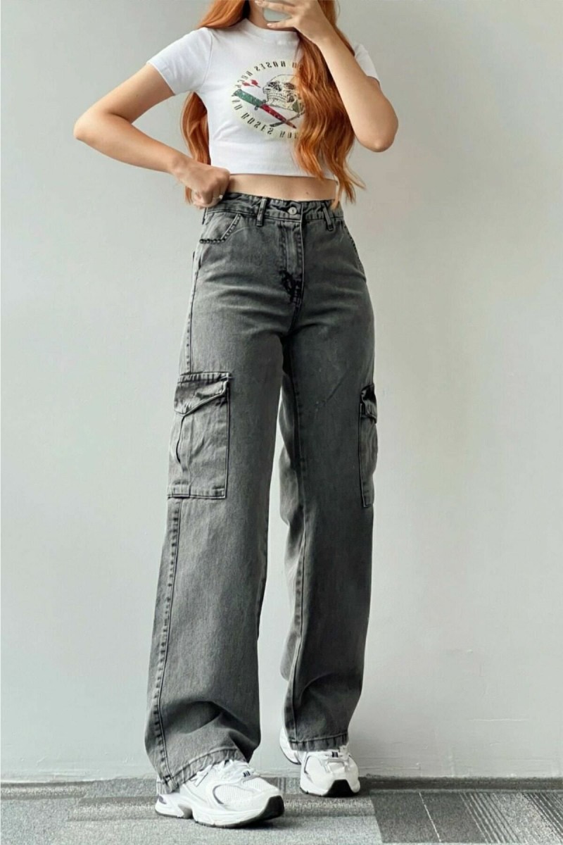 Füme Kar Kargo Salaş Arka Cepsiz Likralı Süper Yüksek Bel Jean Pantolon