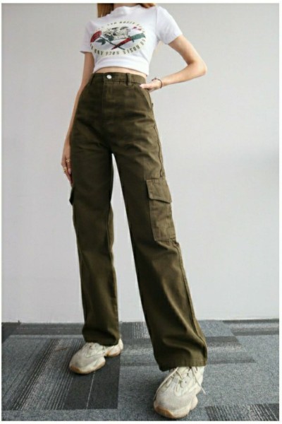 Arka Cepsiz Model Likralı Haki Yüksek Bel Kadın Kargo Jeans