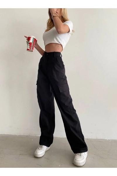 Rocco Solmaz Likralı Kadın Siyah Süper Yüksek Bel Arka Cepsiz Model Kargo Jeans