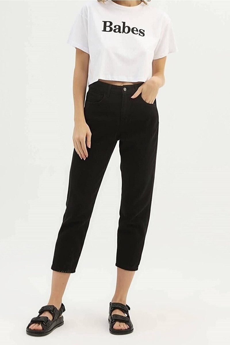 Kadın Siyah Yüksek Bel Likralı Mom Jeans