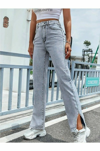 Elena Mavi Jeans Yandan Yırtmaçlı Denim Rikralı Pantolon