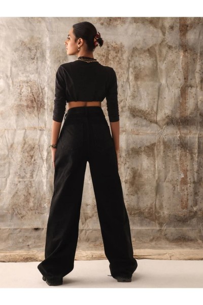 Nicola Likralı Kadın Siyah Süper Yüksek Bel Salaş Paça Denim Kot Salaş Pantolon