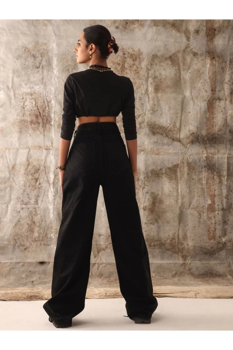 Nicola Likralı Kadın Siyah Süper Yüksek Bel Salaş Paça Denim Kot Salaş Pantolon