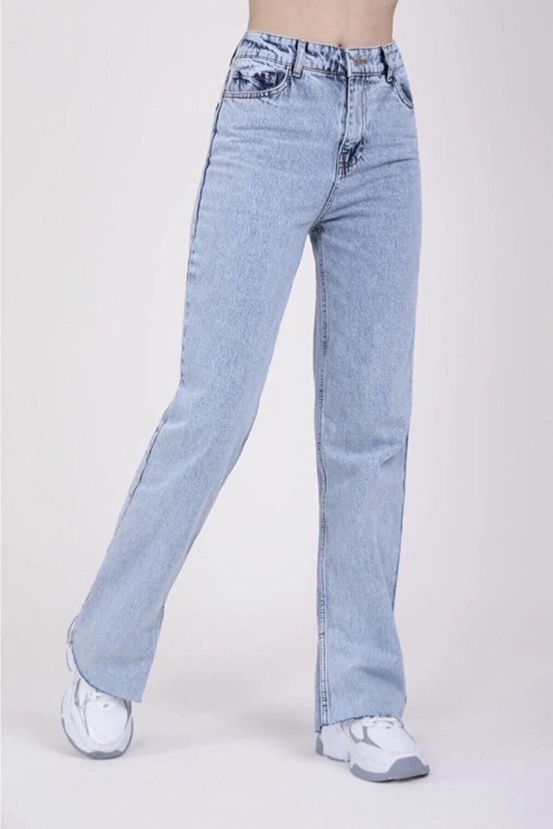 Mavi Yırtmaçlı Yüksek Bel Slim Ispanyol Salaş Jeans