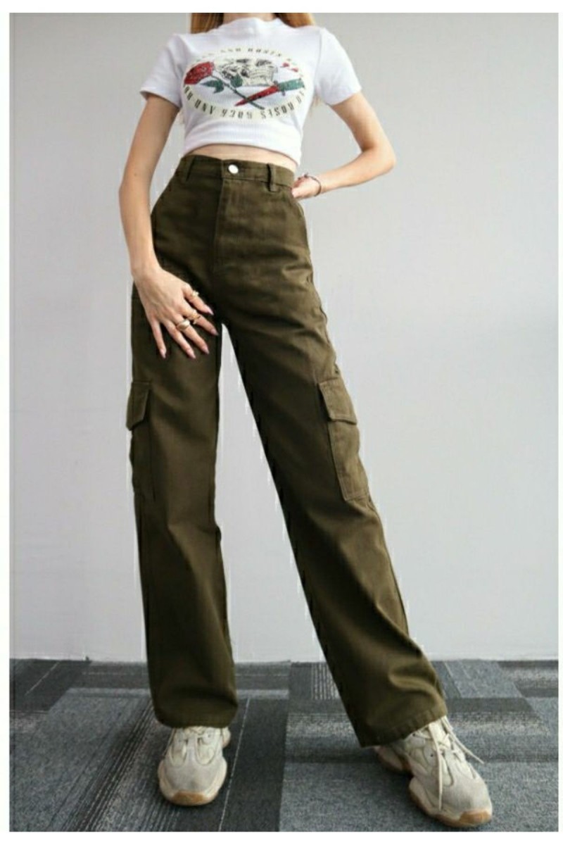 Arka Cepsiz Model Likralı Haki Yüksek Bel Kadın Kargo Jeans