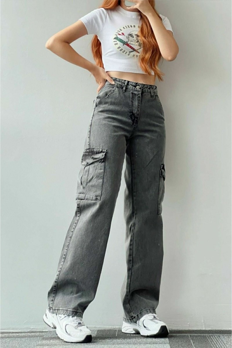 Füme Kar Kargo Salaş Arka Cepsiz Likralı Süper Yüksek Bel Jean Pantolon