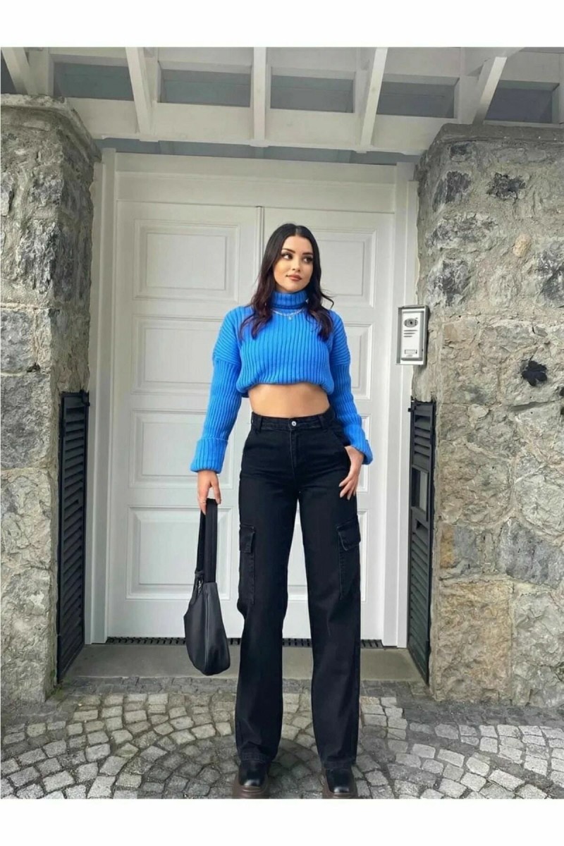 Fajita Siyah Kargo Salaş Arka Cepsiz Likralı Süper Yüksek Bel Jean Pantolon