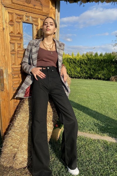 Beaver Likralı Kadın Siyah Süper Yüksek Bel Salaş Paça Salaş Denim Kot Palazzo Salaş